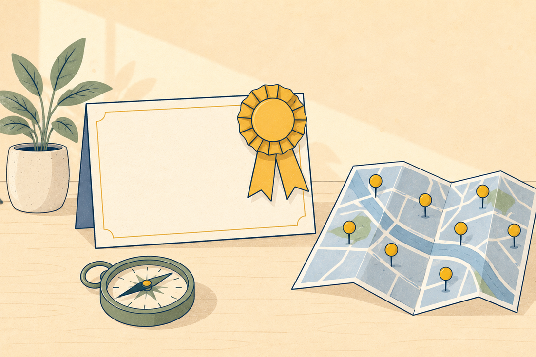 A certificate with a rosette beside a city map with eight pins, a compass and a plant