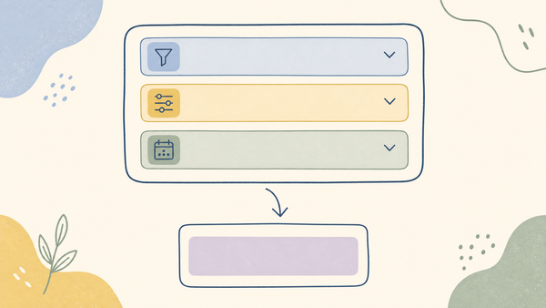 Flat doodle mockup of a filter dashboard with three dropdown bars and a result card