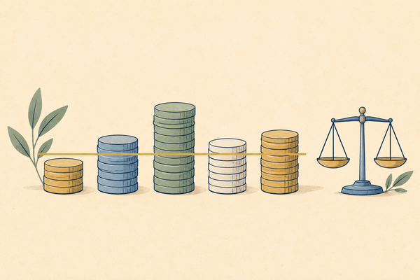 Five stacks of coins of different heights with a thin mustard line running across them at one level, and a small balance scale beside them. Leaf sprigs