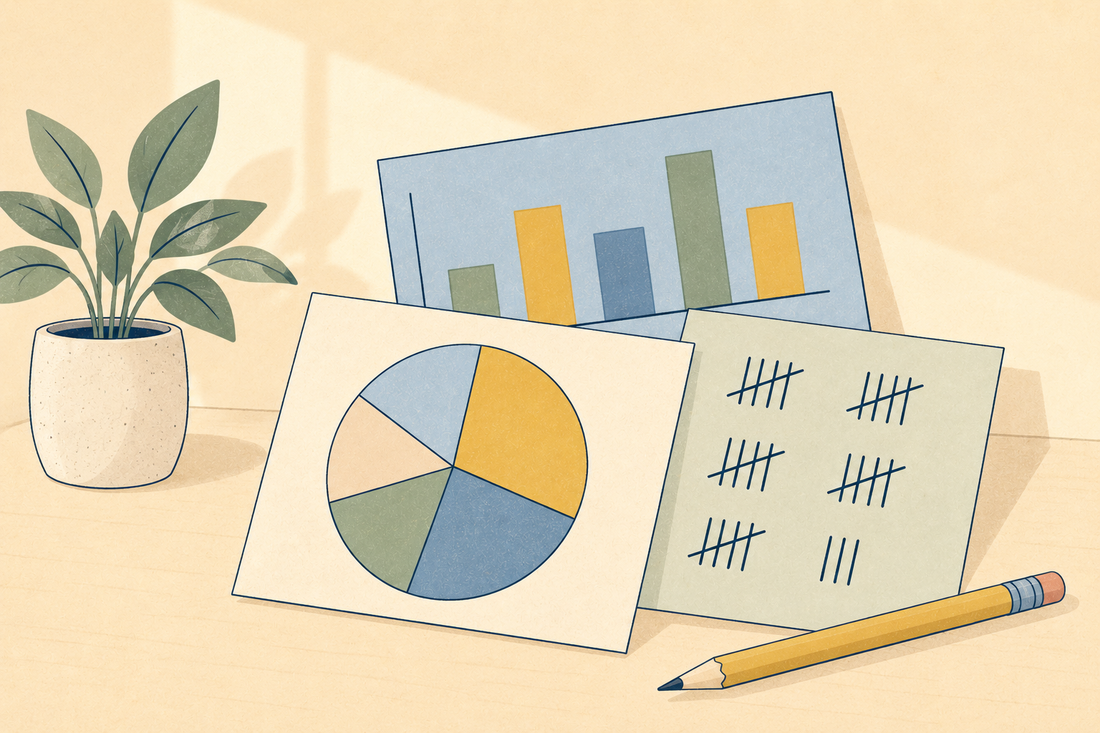 A bar chart card, a pie chart card and a tally sheet overlapping, with a pencil