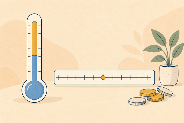 A thermometer and a number line strip with a dot at its centre, for decimals and negative numbers