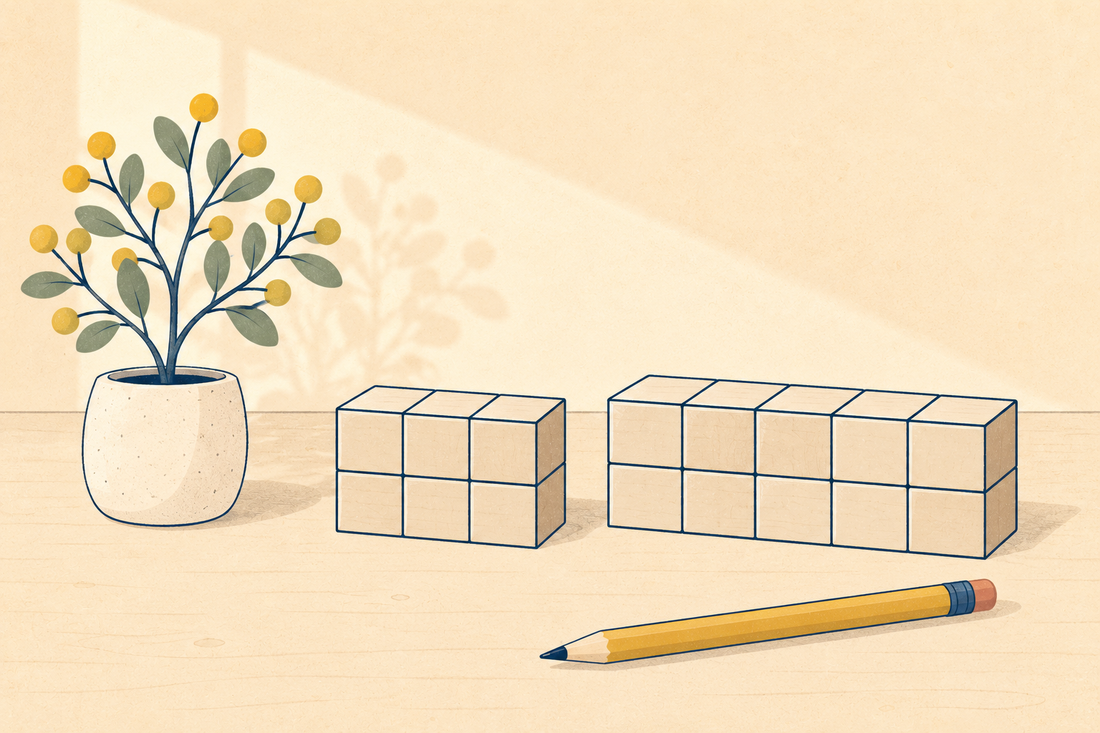 A small potted plant shaped like a branching tree whose branches end in round mustard buds, beside wooden cubes arranged into two different neat rectangles. A pencil