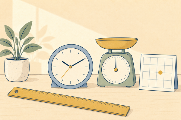 A ruler, a clock face, a kitchen scale and a grid card with one dot marked