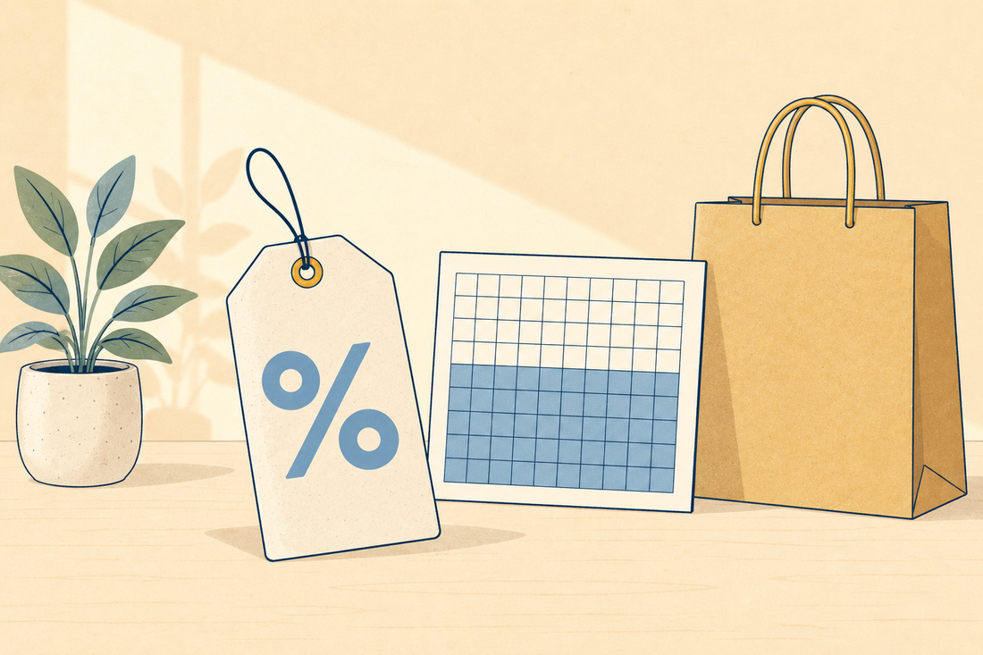 A percent price tag, a hundred grid with part shaded and a paper shopping bag