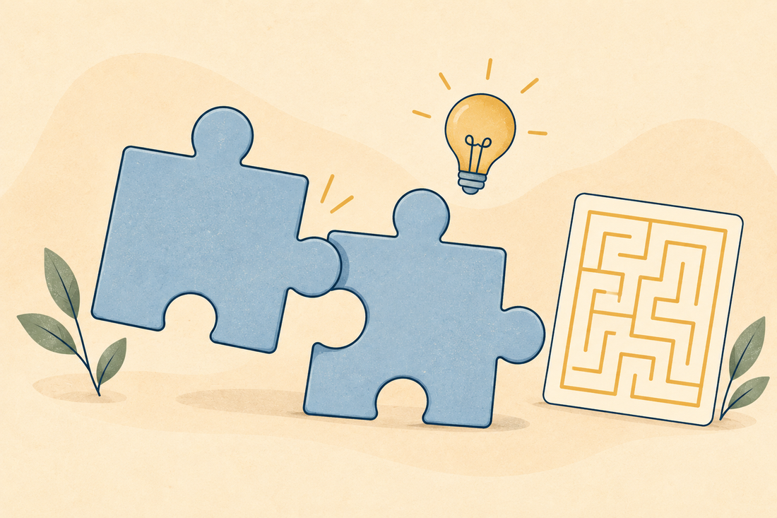 A jigsaw piece being slotted into place, a small lightbulb and a little maze card, arranged together. Leaf sprigs