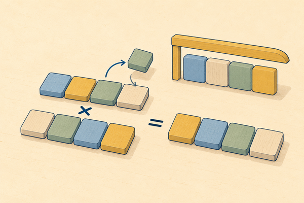 Wooden blocks set out as a written multiplication and a bus stop division
