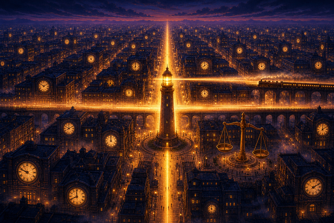 A city at dusk built on a glowing street grid with a lighthouse at the origin casting two beams and clock faces on the buildings, cartoon illustration