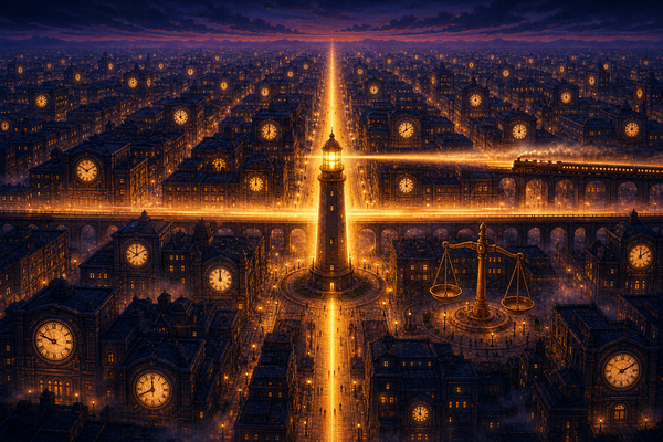 A city at dusk built on a glowing street grid with a lighthouse at the origin casting two beams and clock faces on the buildings, cartoon illustration