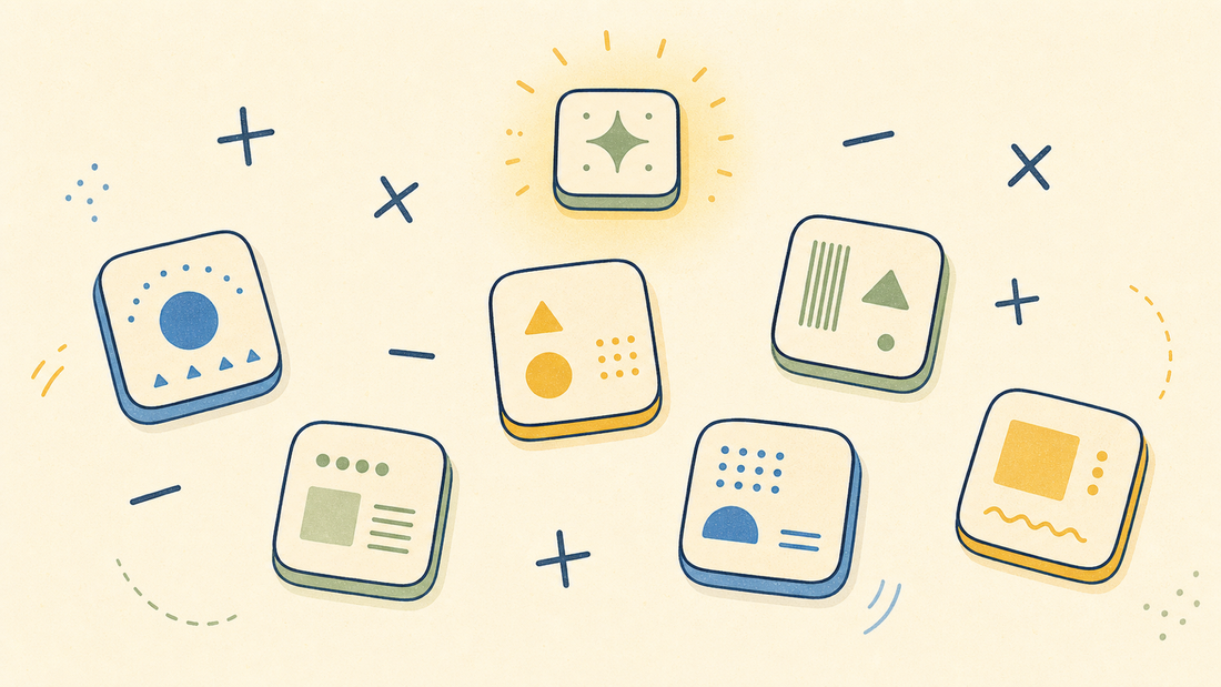 Flat doodle scattered number tiles with a glowing target tile and operator symbols