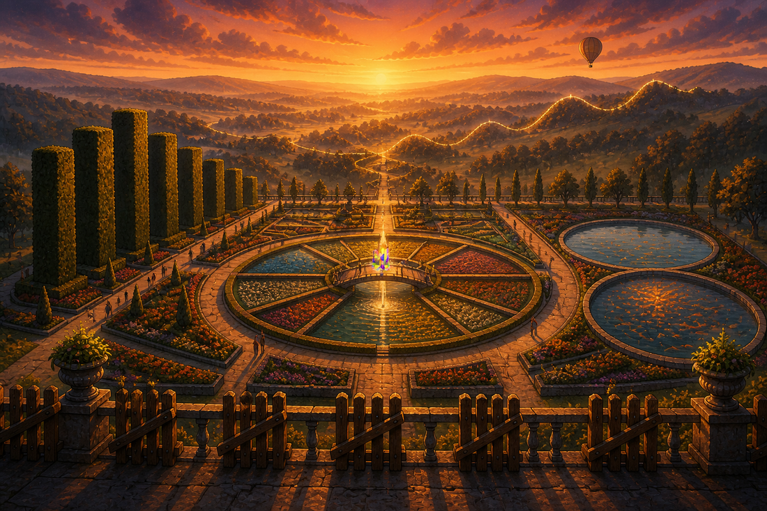 A vast garden where the data has grown into landscape, hedge towers of different heights, a wedge divided pond and two overlapping ponds, cartoon illustration