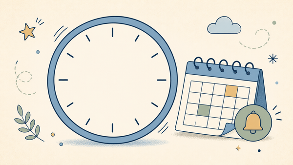 Flat doodle countdown clock beside a calendar with a save-the-date bell