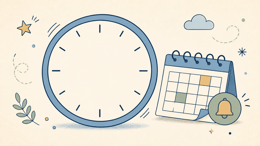 Flat doodle countdown clock beside a calendar with a save-the-date bell