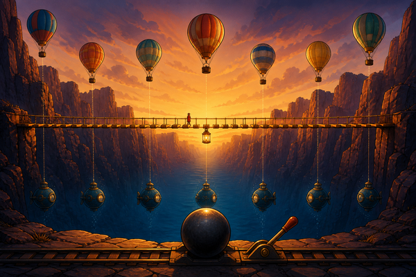 A rope bridge across a canyon acting as a number line, balloons rising above it and submarines mirroring them below, cartoon illustration