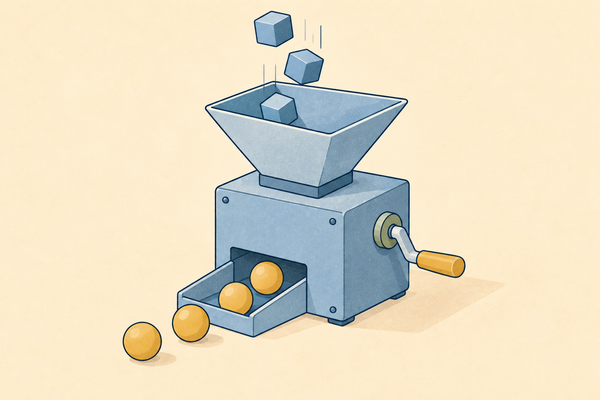 A function machine taking cubes in at the top and sending balls out of the tray