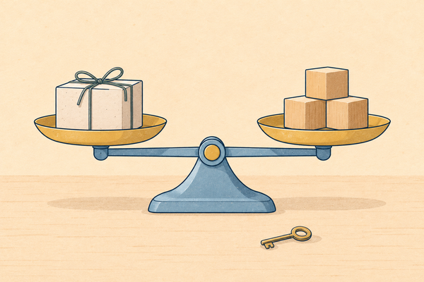 A level balance with a tied mystery box on one side and three cubes on the other