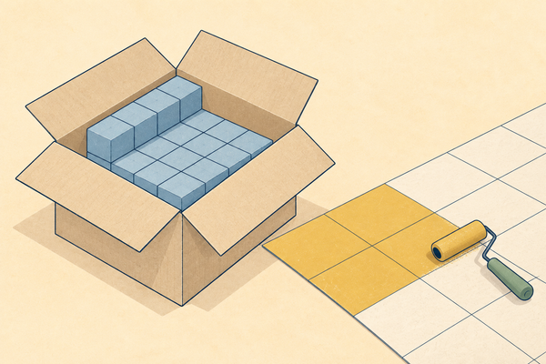 An open box part filled with unit cubes beside a floor being covered with square tiles