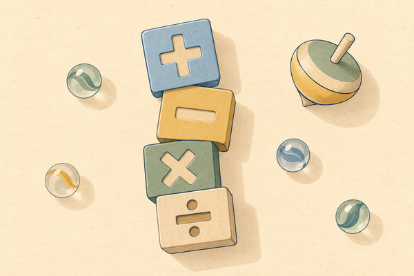 Four wooden blocks marked plus, minus, times and divide stacked into a tower, with a spinning top