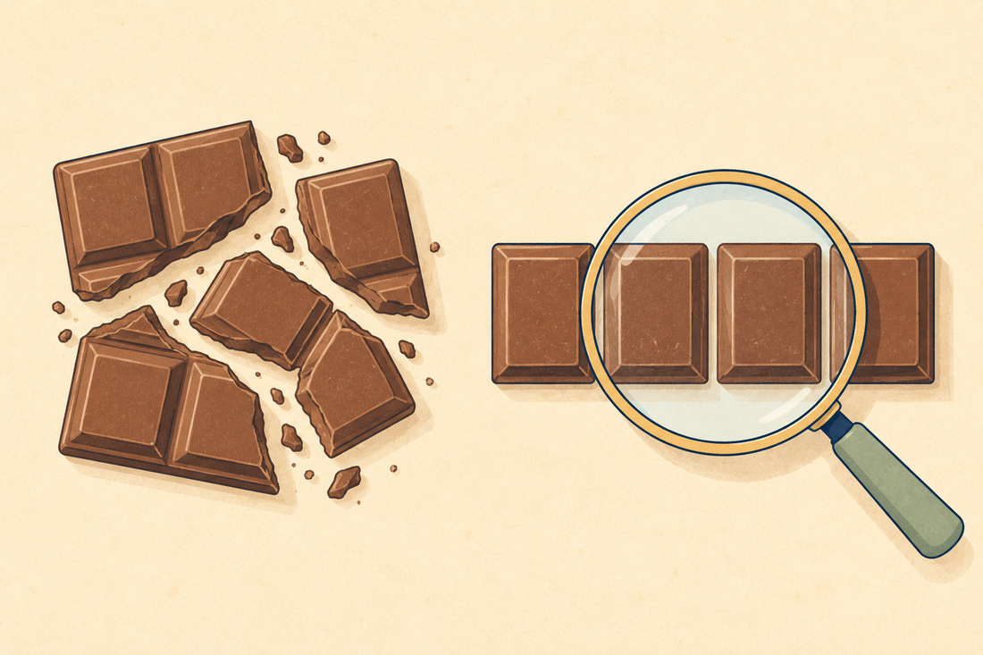 A messy snapped chocolate bar beside one broken into four equal pieces under a magnifying glass