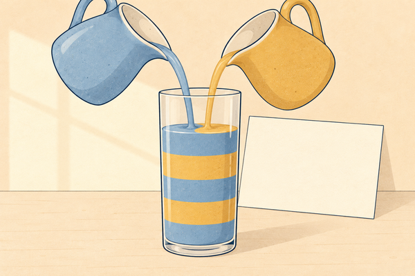 Two jugs pouring into a tall glass with neat even layers, beside a blank recipe card