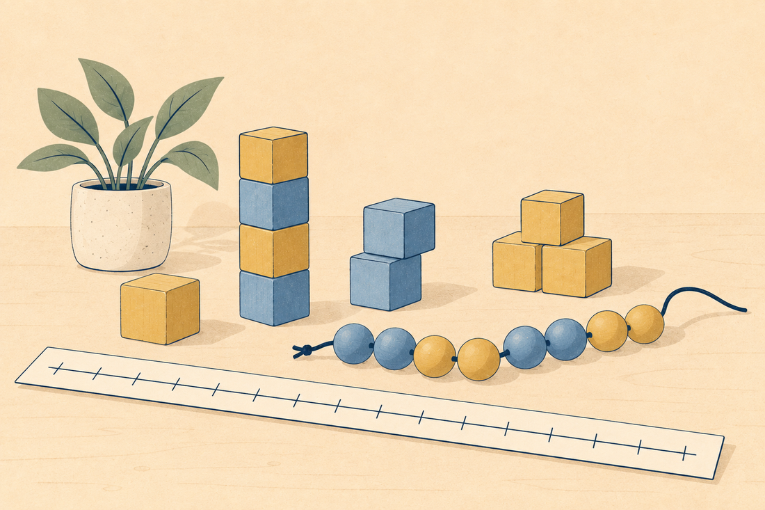 Wooden counting blocks, a bead string, a number line strip and a small plant on a cream background
