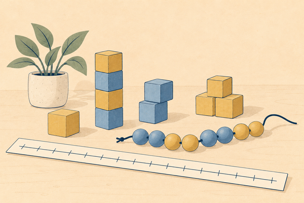 Wooden counting blocks, a bead string, a number line strip and a small plant on a cream background
