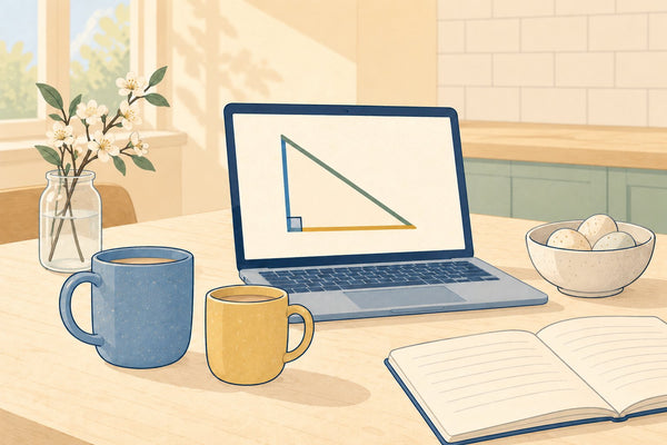 A laptop showing a right angled triangle on a kitchen table with two mugs