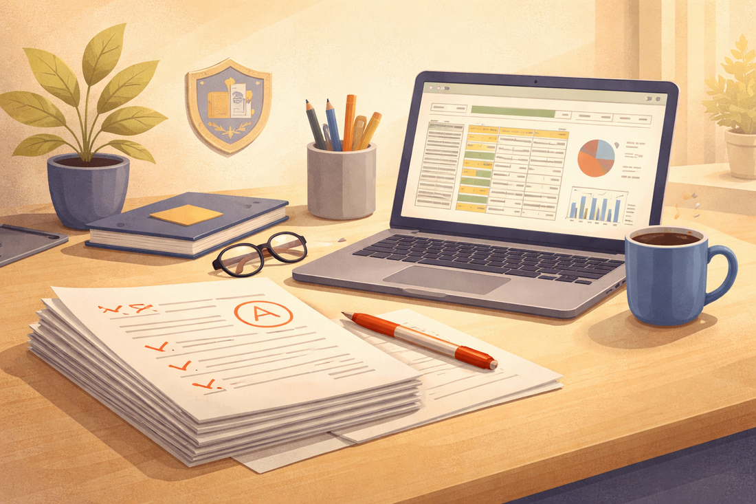 Teacher Marking GCSE Exam Papers With Laptop Spreadsheet