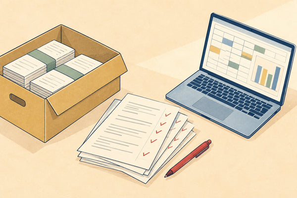 An archive box of exam scripts, a stack of ticked papers and a laptop spreadsheet