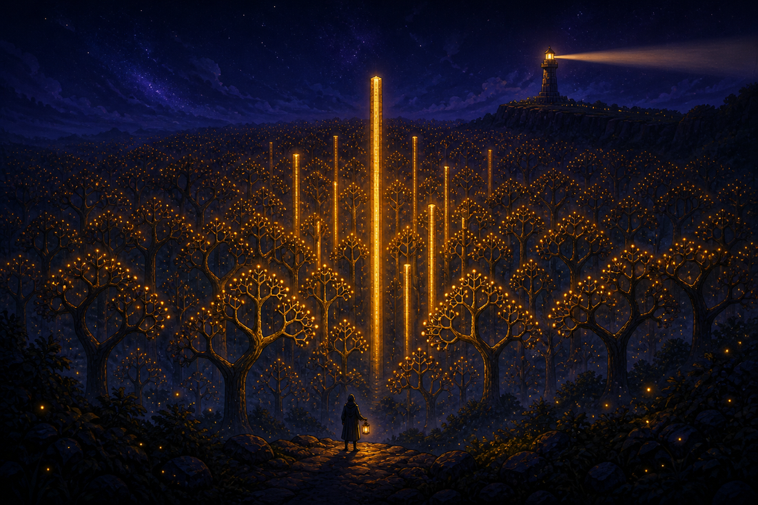 A night forest where most trees branch into numbered fruit and a few glow gold with no branches at all, cartoon illustration