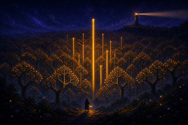 A night forest where most trees branch into numbered fruit and a few glow gold with no branches at all, cartoon illustration