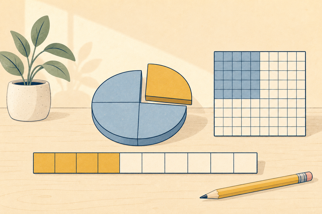 A pie with one quarter lifted out, a strip of ten squares with four shaded and a hundred grid