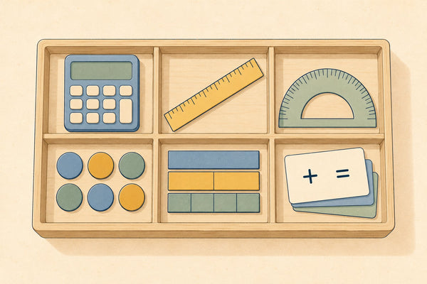 An equipment tray with a calculator, ruler, protractor, counters and a fraction wall