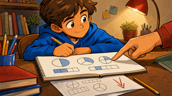 Child confidently working through fraction diagrams with a tutor pointing, cartoon illustration