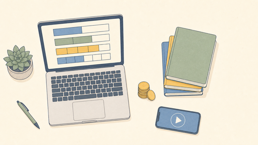 Flat doodle desk with laptop, workbooks, phone and coins, fraction resources for parents
