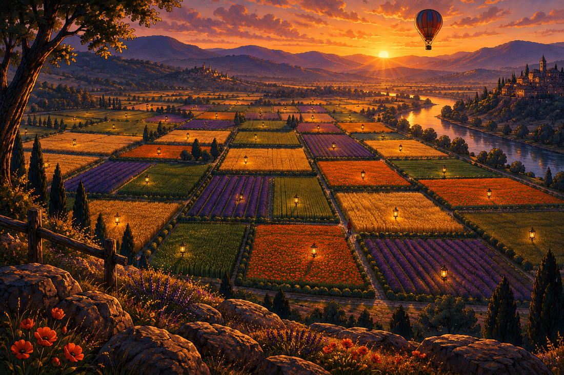 A valley divided into a patchwork of rectangular fields with one lantern in each, a picture of the Squared Away maths puzzle