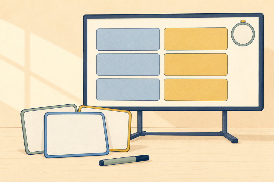 A class screen with two columns of question cards and mini whiteboards