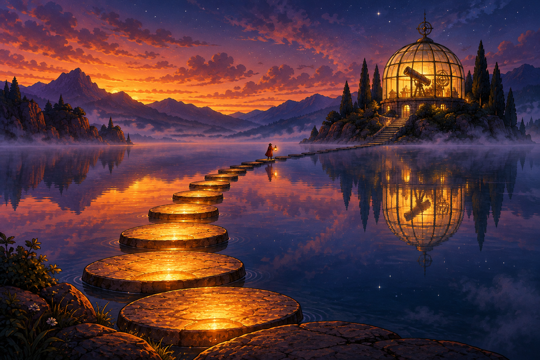 Glowing stepping stones crossing a lake at dusk towards a lit observatory, a picture of learning a maths method one step at a time