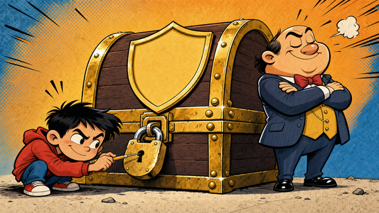 Comic illustration of a child picking a padlock on a treasure chest while a smug official looks away