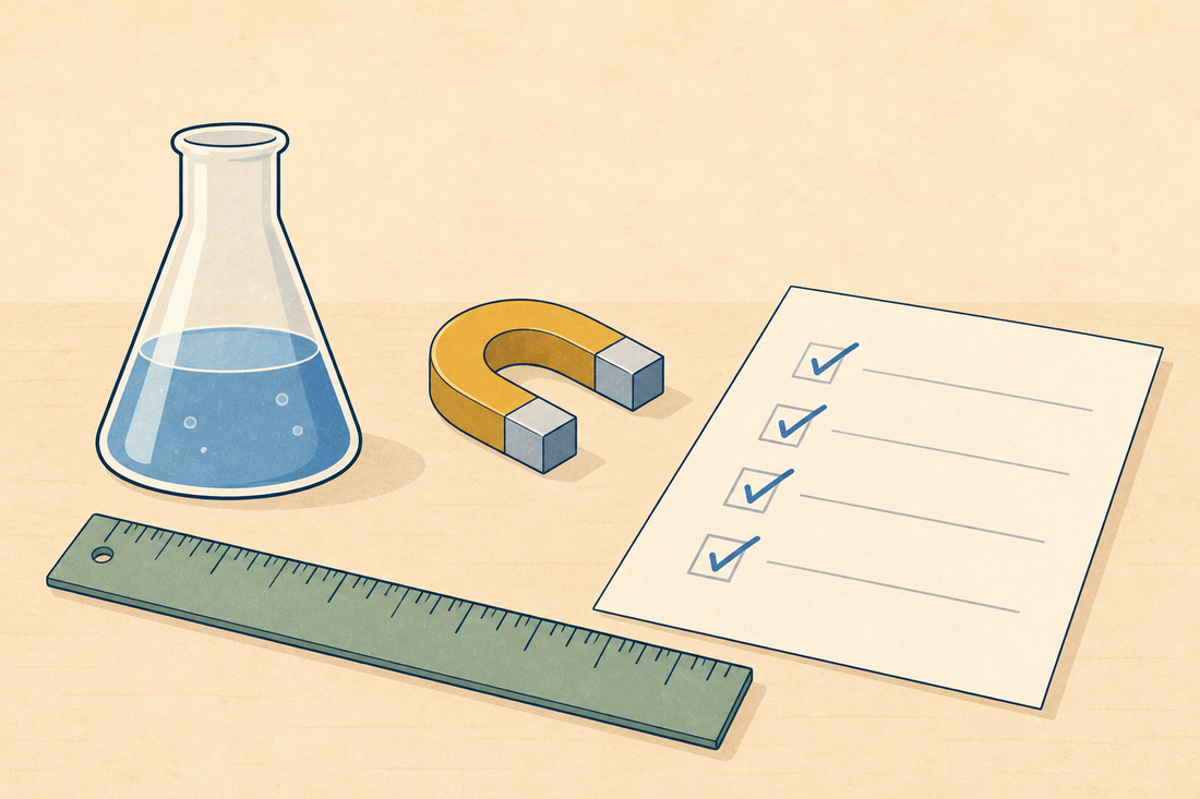 A conical flask, a small magnet, a ruler and a marked exam paper with ticks