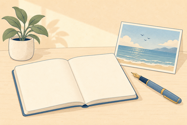 A notebook open to a fresh page beside a fountain pen, a seaside postcard and a plant