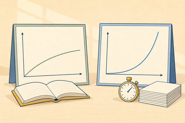 Two graph panels: a gentle green curve with a book and a steep blue curve with a stopwatch