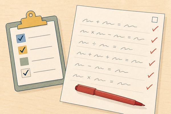 A ticked maths script, a red pen and a clipboard checklist with four rows