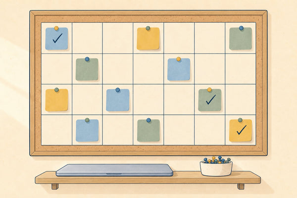A wall planner grid with coloured blocks placed across the week and a few ticks