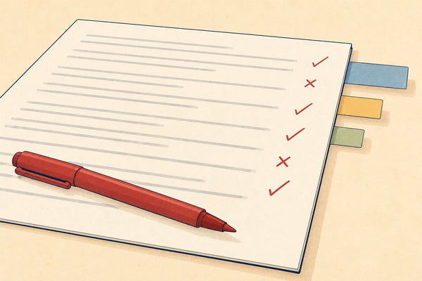 A marked exam script with three coloured tabs of different lengths sticking out