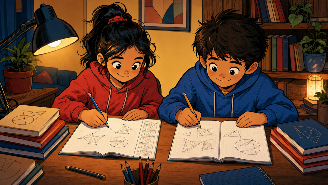 Two children sitting side by side at a desk with geometry notebooks, cartoon illustration