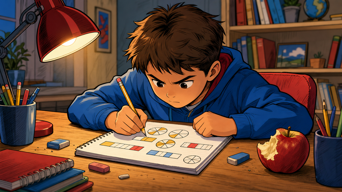 Determined child concentrating on 11+ fraction diagrams at a home desk, cartoon illustration