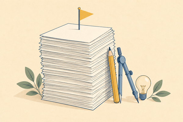 A tall stack of exam papers with a flag on top, beside compasses, a pencil and a lightbulb