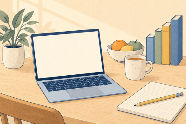 A kitchen table with a laptop, a squared exercise book, a mug of tea, a fruit bowl and books