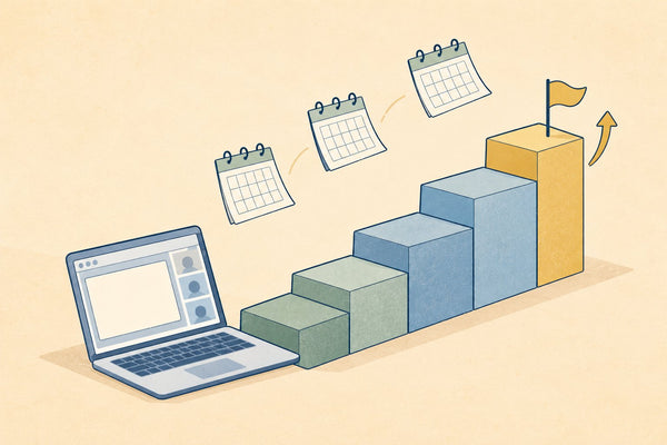 A five step staircase rising to a flag, with a laptop and three calendar pages