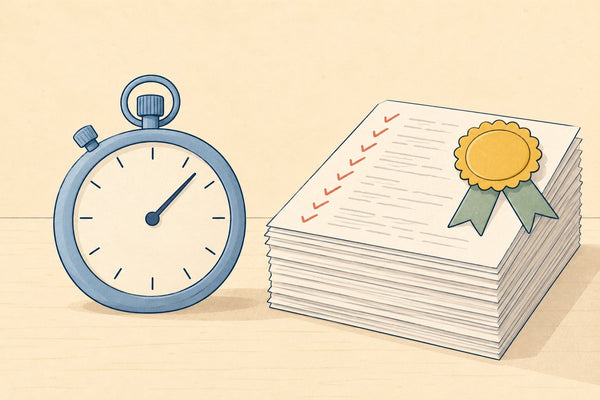 A large stopwatch beside a tall stack of fully ticked papers topped with a rosette